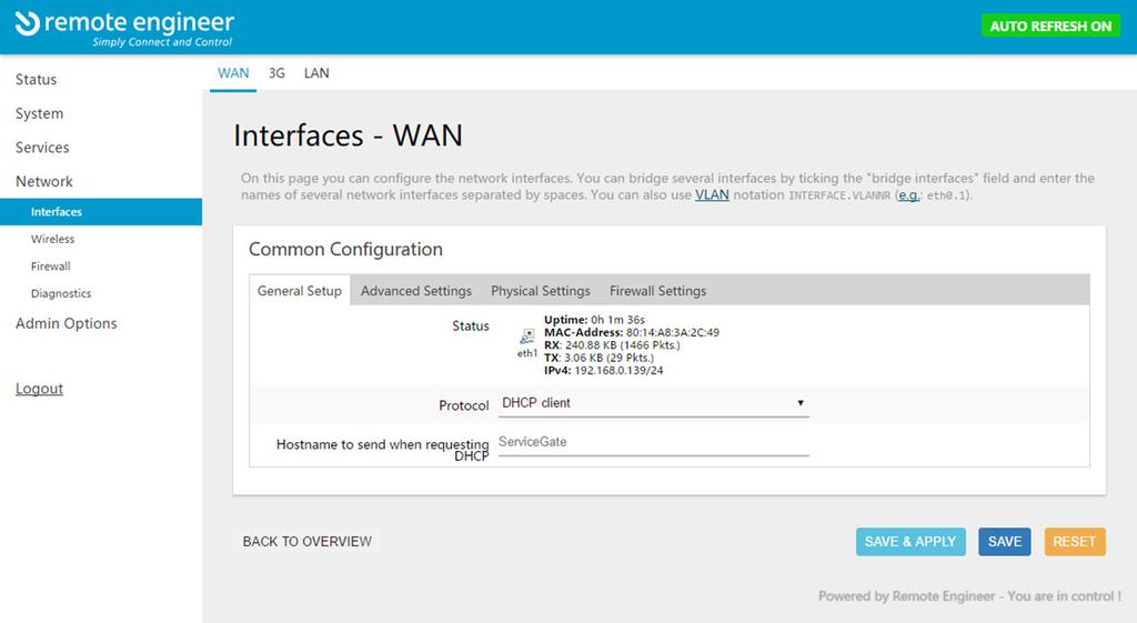 Network Change interface WAN Using this screen you can configure how the WAN port of the ServiceGate should work by
