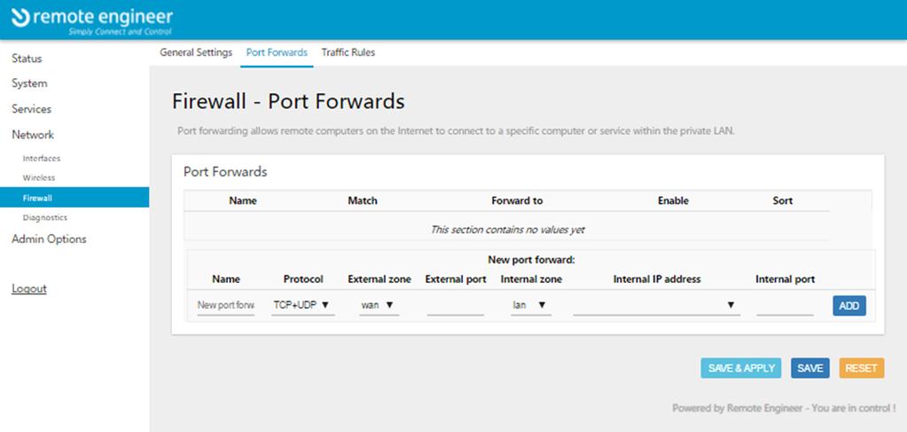 Network Firewall Port forwards Port forwarding is set by selecting the Port Forwards tab.