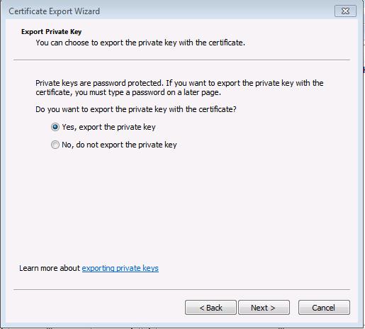 3. Choose Yes export the Private Key: 4.