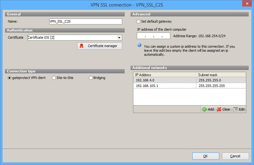 Configuring Firewall Rules g) Figure 4-4: Configuration of the VPN SSL C2S tunnel. Click "Ok" to save the settings and close the dialog. 7. Save your VPN SSL settings by clicking "Ok".