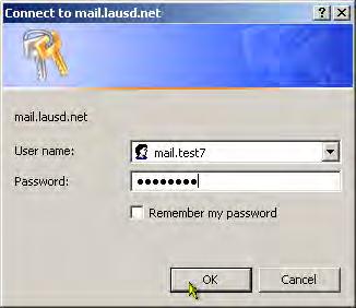 4. The Connect to mail.lausd.net dialog box appears prompting users for their User Name and Password. Do not enter the domain part of your email address (@lausd.net).