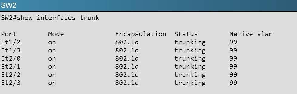 By issuing the "show interface trunk" command on SW1 and SW2 we see the native VLAN is 99.
