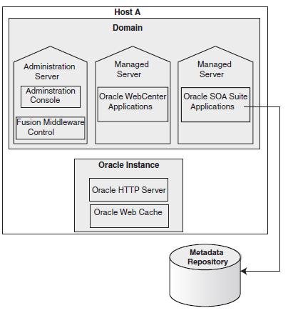 Figure 3 below shows an Oracle Fusion Middleware environment with an Oracle WebLogic Server domain that contains an Administration Server, two Managed Servers, and an Oracle instance.