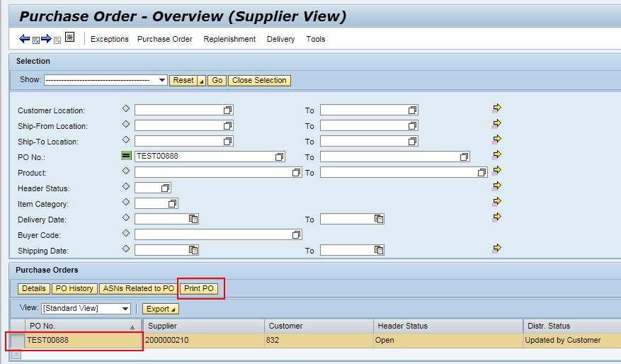 Select the PO from PO list in PO overview, and then click Print PO button to download the PO in PDF format: