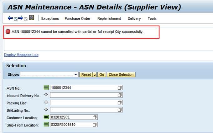 If an ASN already contains receipt quantity, it will display below error message and the cancellation