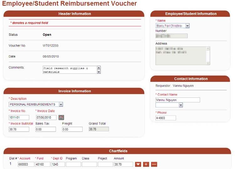 The Reimbursement Voucher displays. 6. Update and/or add the information as needed.