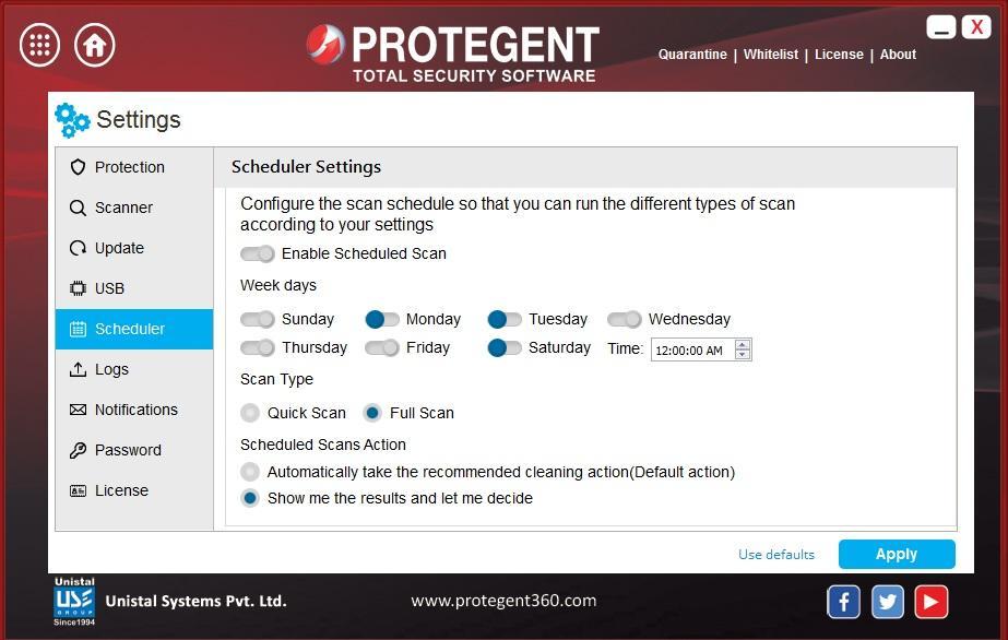 Scheduler In the Scheduler Tab, user can schedule the scan by enabling it as per choice.