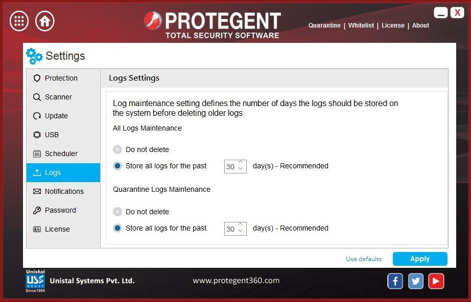 Logs In the Log maintenance setting, user can define the number of days the logs should be stored on the system before deleting older logs.