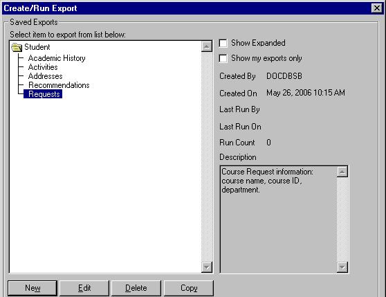 Exports The Export function, which is accessed through the new Exports menu, allows you to create and modify data exports.