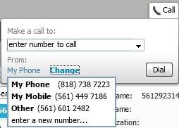 On the Click To Dial Pop up, click Change, then select enter new number and enter the number of the phone you want to use to make