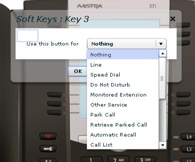 Figure 55: Configuring a key The possible options are as follows (although not all of these options may be enabled on your phone system): Nothing this is used when a key is not assigned a function.