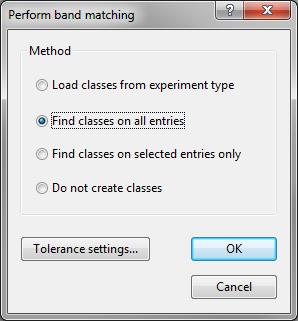 4 5. Select Find classes on all entries and press <Tolerance settings> to enter the band position tolerance settings. Figure 5: The Perform band matching dialog box. 6. Enter an optimization of 0.