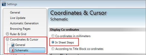 Click the Coordinates & Cursor section. For the Schematic type activate the "In Sheet Steps" radio button. Click OK to confirm your choice.