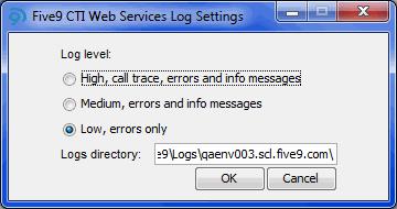 Installing the Five9 Components Removing the Adapter Log level: types of messages to log. Except when troubleshooting, use the Low, errors only setting.