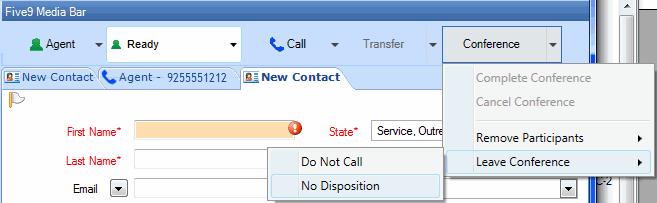 For example, when you want to leave a conference call, select Conference > Leave Conference, and select a disposition for your part of the call if this menu is available.