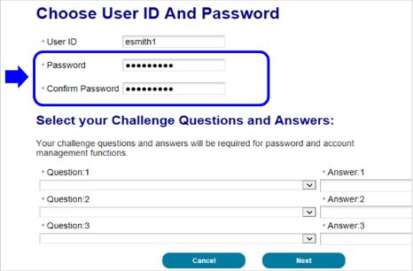 Figure 2-6: CMS EIDM User ID and Confirm Password 8. Select a Challenge Question from each of the three (3) drop-down lists for which the answer is known. 9.