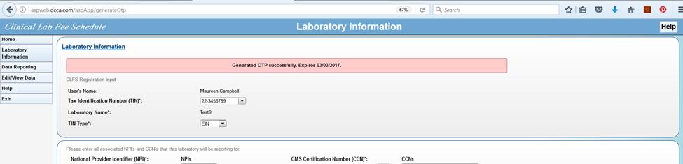 Figure 4-4: Laboratory Information Additional TIN Registered 6.