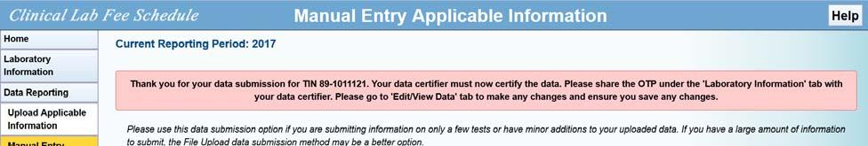 Figure 5-18: Manual Entry Applicable Information Data Submission Confirmation Page 5.3.