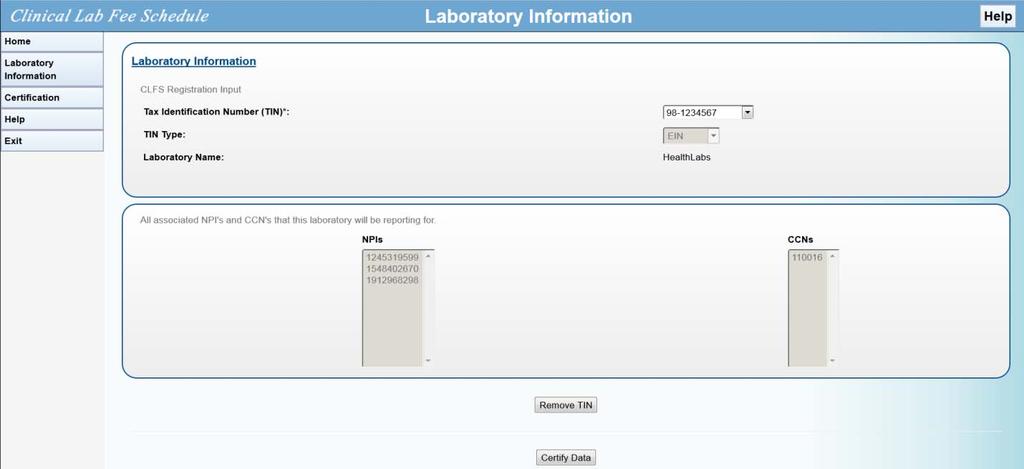 Figure 6-5: Laboratory Information TIN to be Removed 7. Click on the Remove TIN button.