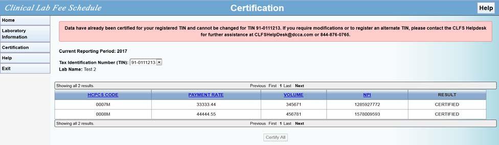 receive a message stating that the data have already been certified for the selected TIN, as shown in Figure 7-6.