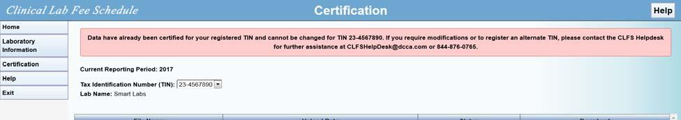 Figure 7-13: Certification Selected TIN has Already