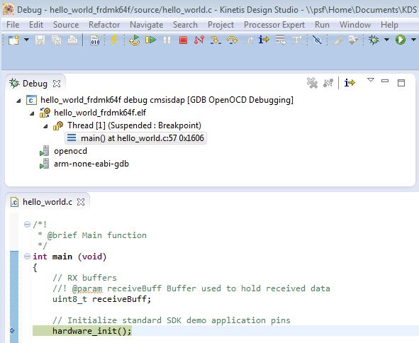 Run a demo using Kinetis Design Studio IDE Figure 41. Stop at main() when run debugging 7.