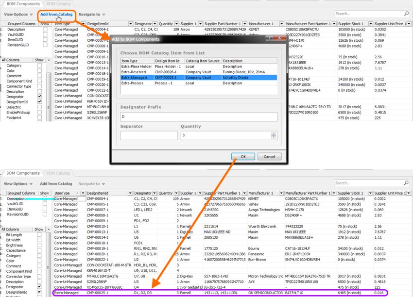 ...from the BOM Components Tab To add instances of a single 'Extra' catalog item, click the Add from Catalog control (above the main data region). The Add to BOM Components dialog will appear.