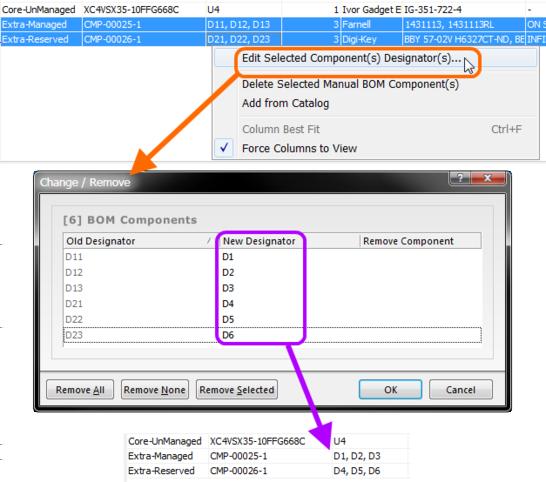 Editing Manual Component Designators After manual components have been added to the BOM, you can modify their designators.