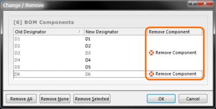 Selecting components in the list and clicking the Remove Selected button. Components marked for removal will have the entry click OK the indicated components will be removed from the BOM.