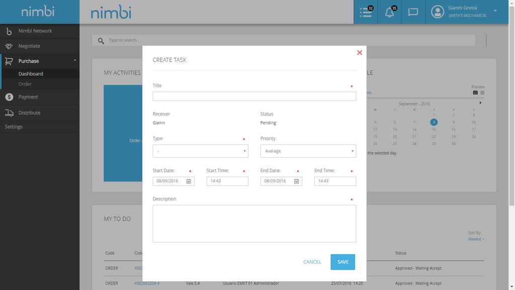 Purchase Module Dashboard Module Menu 8 If you wish to save the new task, click