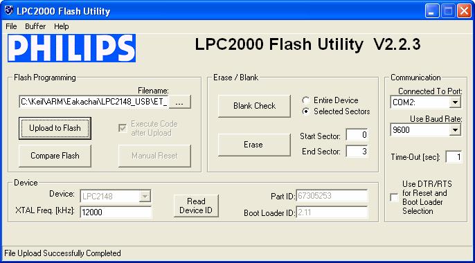 8) Click Upload to Flash and program LPC2000 starts downloading data into MCU instantly.