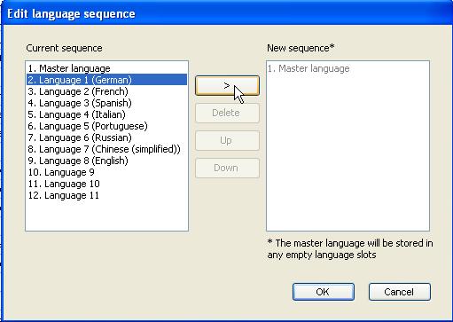 3. Copy languages between columns and edit the sequence of languages If the Edit language sequence button in the menu bar is pressed, a pop-up will be shown where the user can interchange the