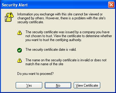 Step 2 Security Alert A security alert is given about the certificate, click Yes in order to