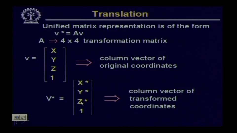 (Refer Slide Time 19:31) So in our unified matrix representation, we have done if you have a vector v, a position vector v, which is translated by the transformation matrix A, the transformation
