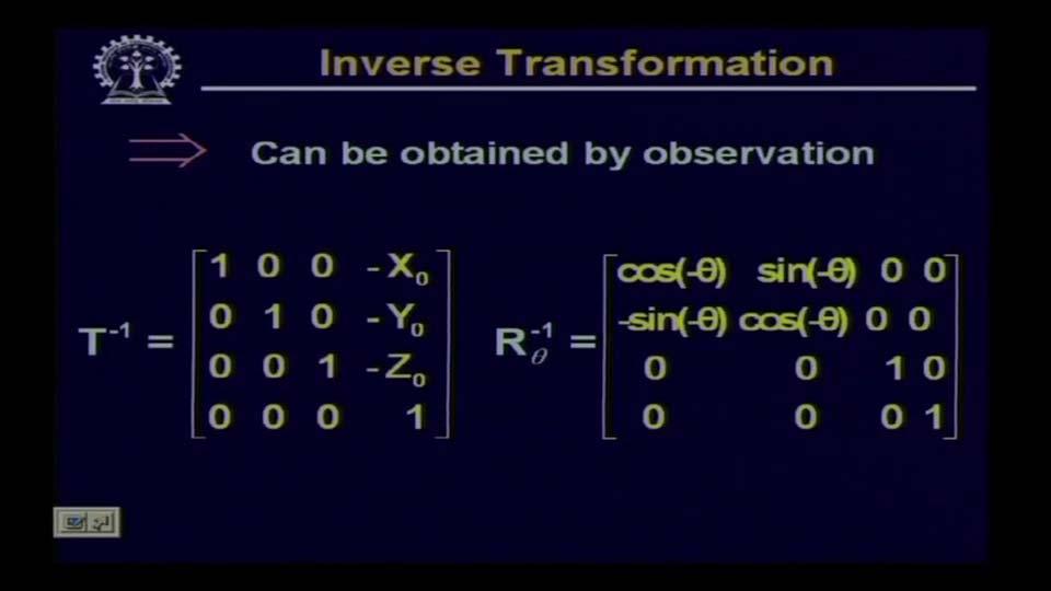 if I translate a point by a displacement vector v, then inverse transformation should bring back that translated point, that transformed point to its original position.