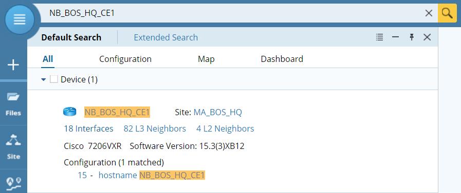 Search for a device: You can find a device or create a group of devices by searching for any part of a hostname, IP address, configuration file, device type, vendor, etc.