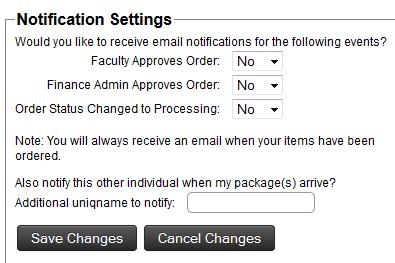 Notification Settings The notification settings allow you to choose when you would like to receive emails regarding your orders. You can choose three options: 1.