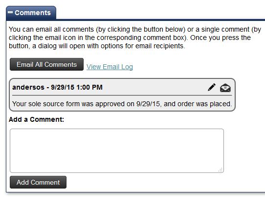 Comments section allows the Purchaser to provide updates to the order that may be helpful.
