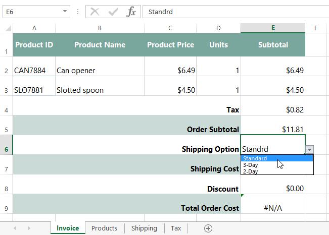 5. A drop-down arrow will appear next to the selected cell. Click the arrow to select the desired option. In our example, we'll select Standard.