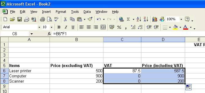 PAGE 37 - ECDL MODULE 4 (USING MICROSOFT EXCEL XP) - MANUAL Clicking on cell C7 gives the clue as to why this did not work. It contains a formula as follows: =B7*E2% I.e. instead of picking up the VAT rate from cell E1, the formula is pointing to E2 (which is blank).
