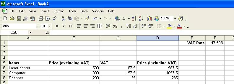 PAGE 38 - ECDL MODULE 4 (USING MICROSOFT EXCEL XP) - MANUAL The VAT (Value Added Tax) rate is contained in cell F1.