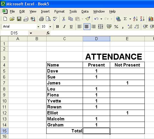 In the example illustrated, we have an attendance register, where people are