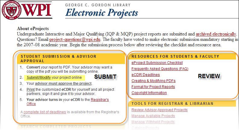 the eprojects web site, checklist and FAQ Discuss future access restrictions with your team & advisor(s) for each file you plan to submit online (only the PDF of the report is required).