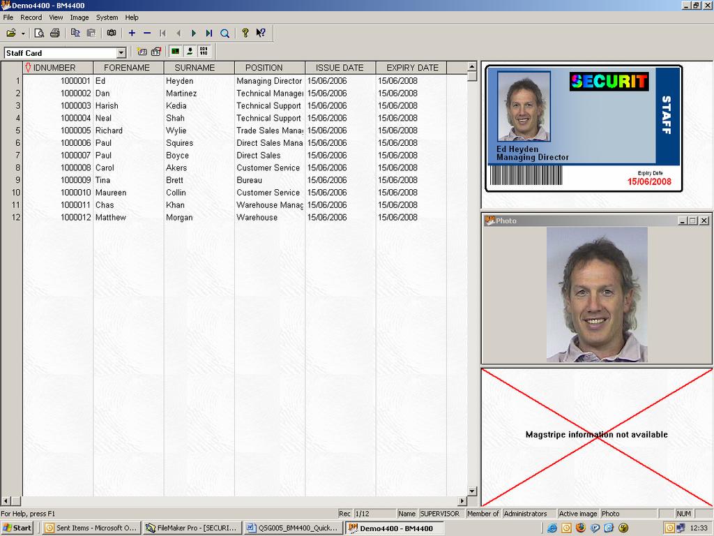 6 Using Securit You are now ready to begin using Securit. Badge Maker (BM) represents the main everyday user screen where data is entered, images are acquired and cards are printed. 6.