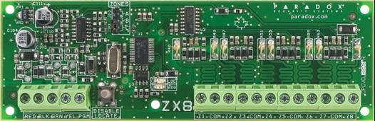 ZX8 8-Zone Expansion Module Compatible with EVO, Spectra SP, MG5000, and MG5050 8 addressable zones (16 with ATZ zone doubling feature) Set a different input speed for each zone