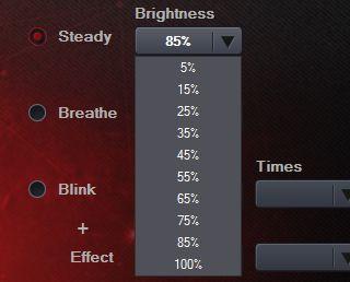 Note: The DPI setting should at least be level 1. LED Steady 1. Click Brightness to select the brightness from 5% to 100%.