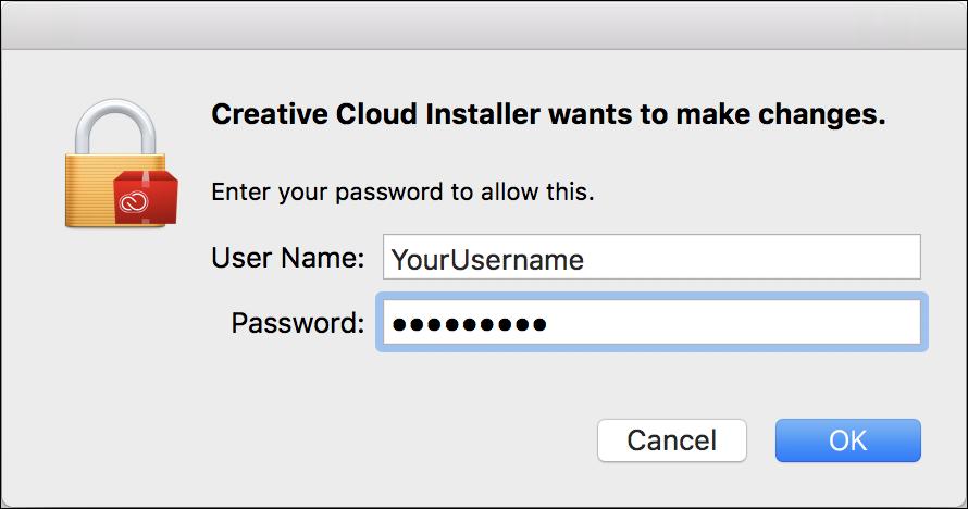 5. Double click to open the Creative Cloud Installer.app. The authentication dialog box opens, as shown here. 6.