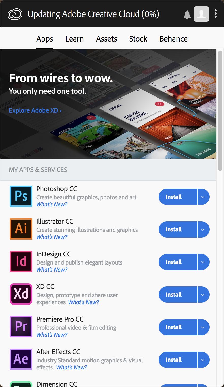 17. The Adobe Creative Cloud Application panel opens, as shown here. This application updates itself automatically. Update progress is shown at the top of the window.