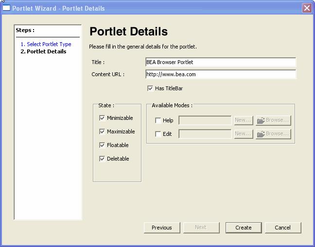Creating a Portal in Your Development Environment Figure 3-9 Creating a Browser URL Portlet - Portlet Details Dialog 5. Specify the values for this portlet, using Table 3-1 as a guide.