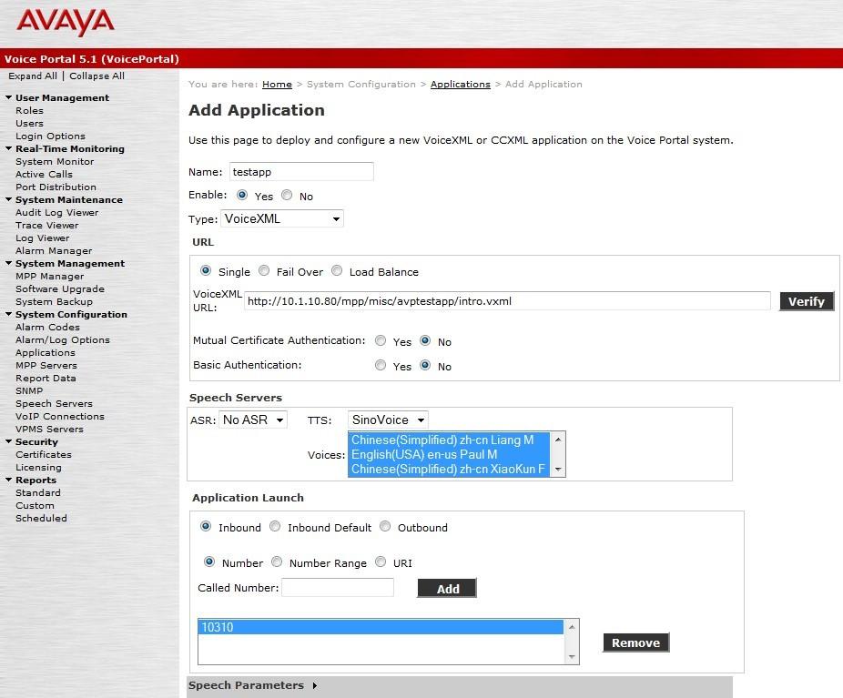 Step Description 9. To assign SinoVoice jtts to an Avaya Voice Portal application, click System Configuration Applications and then click Add on the Applications page (not shown).